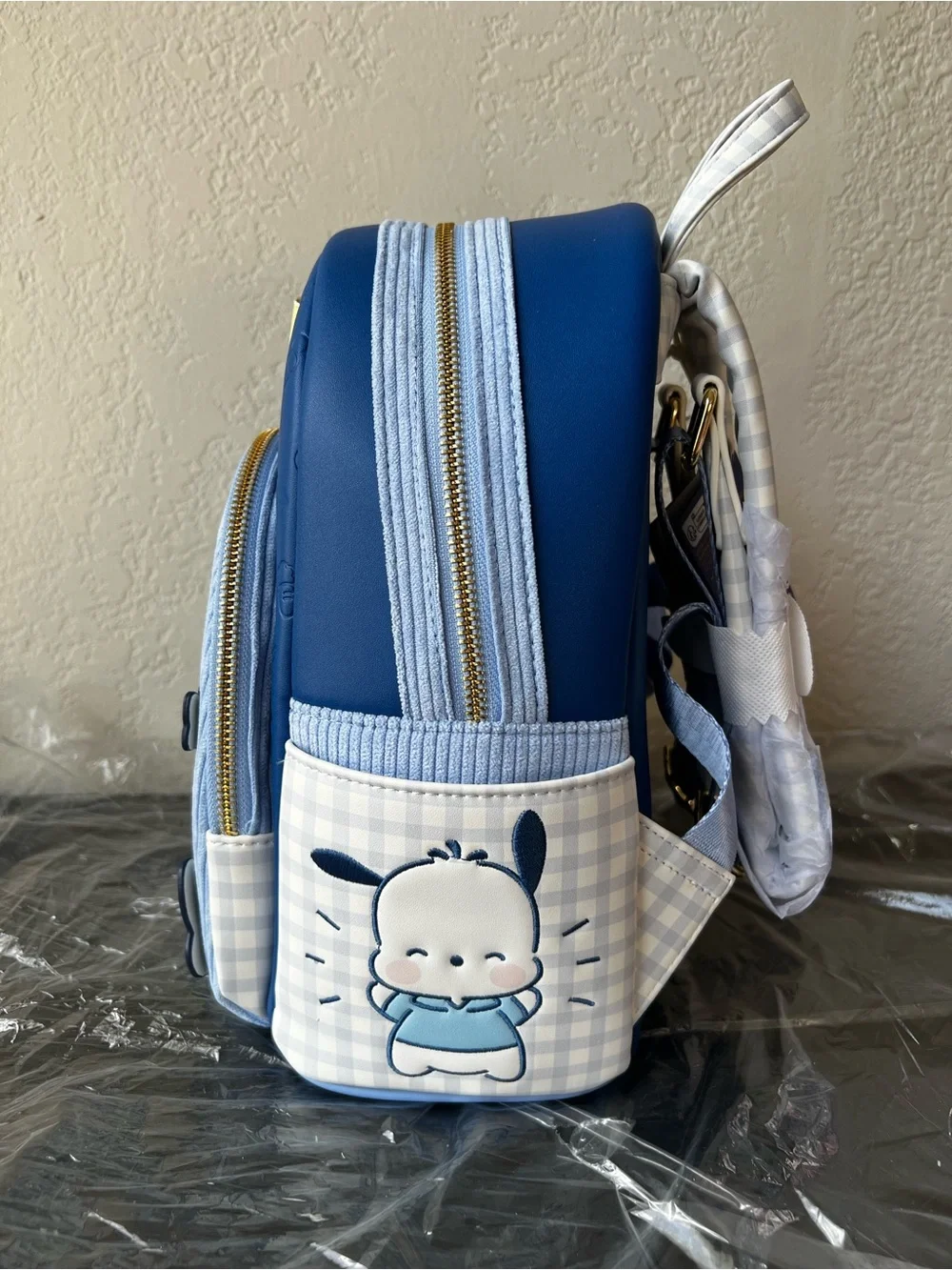 NWT Loungefly Sanrio Pochacco Blue Gingham Butterfly Moving Butt Mini Backpack